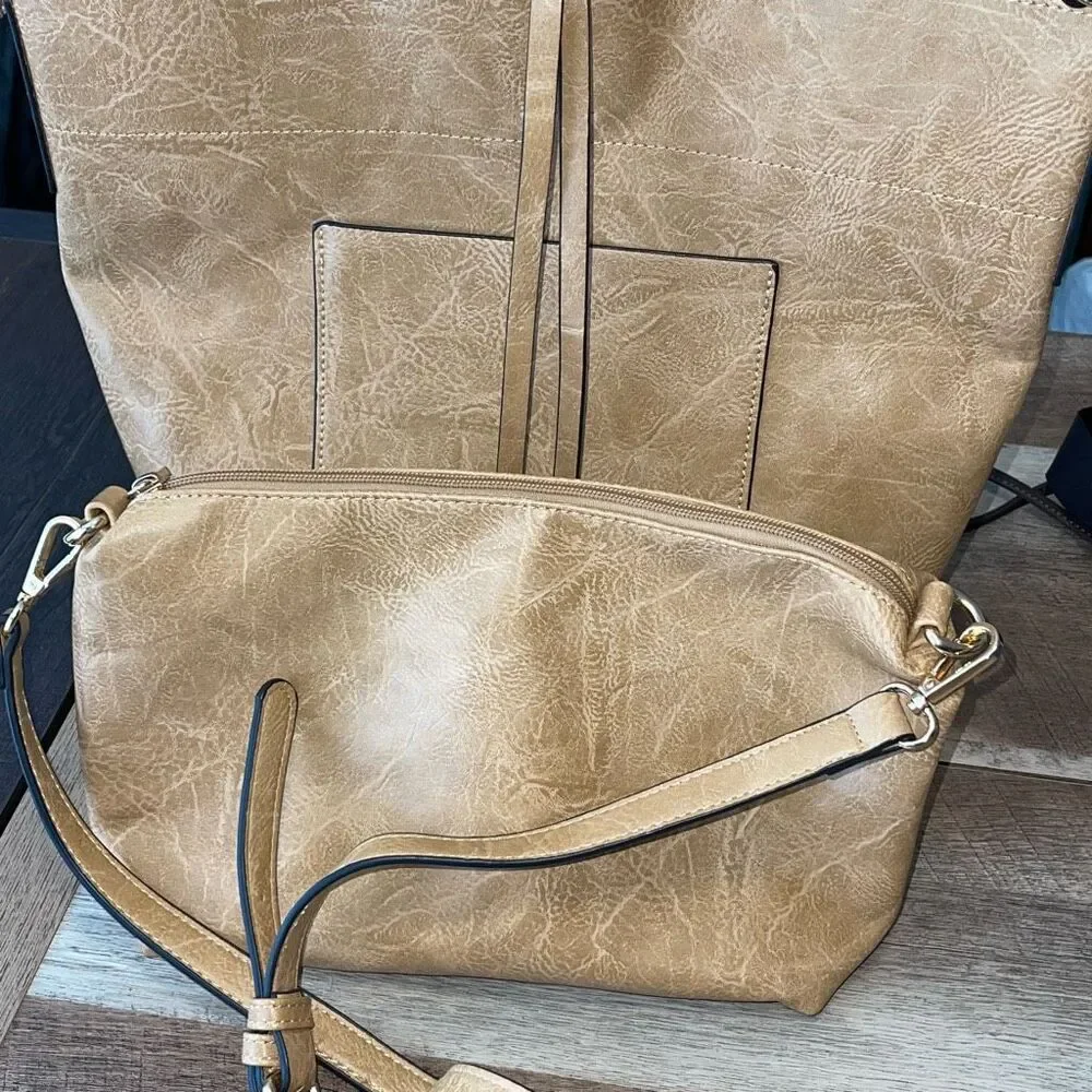 Unbranded Hobo Bag Set Womens‎ OS Tan Boho Vegan Leather Textured 2-Piece Tote